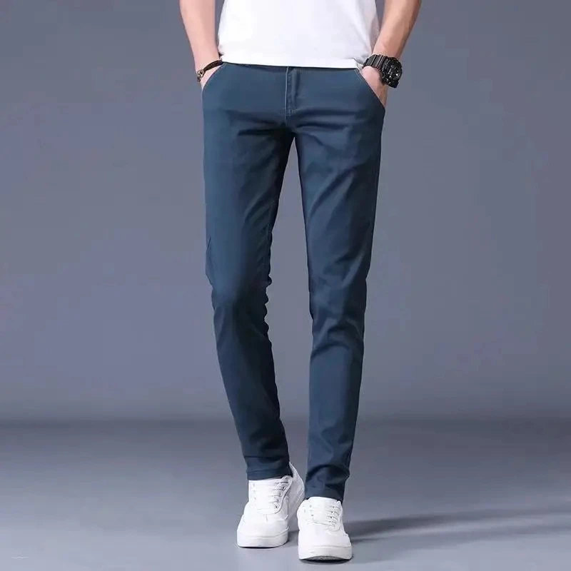 Spring Summer Mens Casual Straight Pants 98% Cotton Solid Color Stretch Slim Fit Work Pants All-match Fashion Mens Trousers