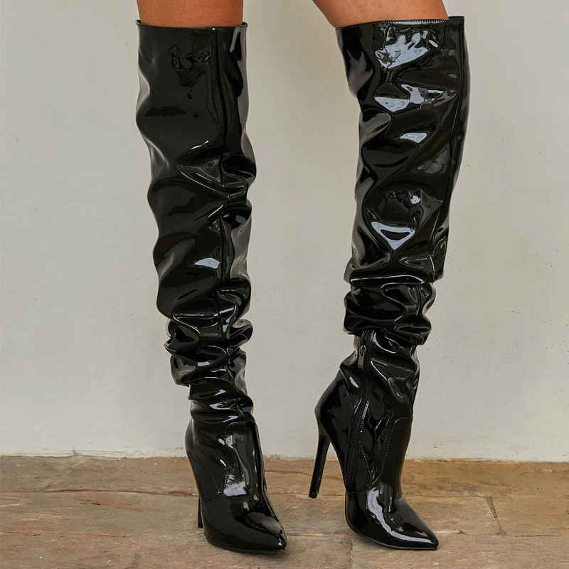 Winter Long Boots Woman Patent Leather Pointed Toe Stiletto High Heels Zipper Over The Knee Boots Botas Altas Sexy Ladies Shoes