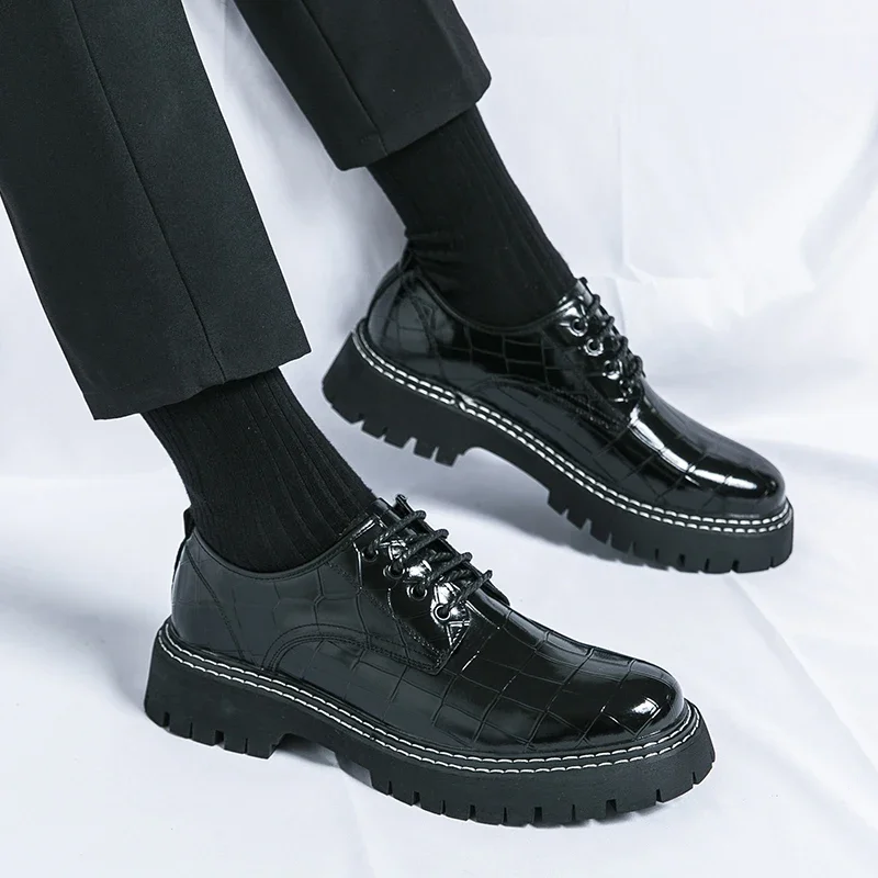 Men Shoes Lace-up Round Toe Stone Pattern Dress Shoes Size 38-46