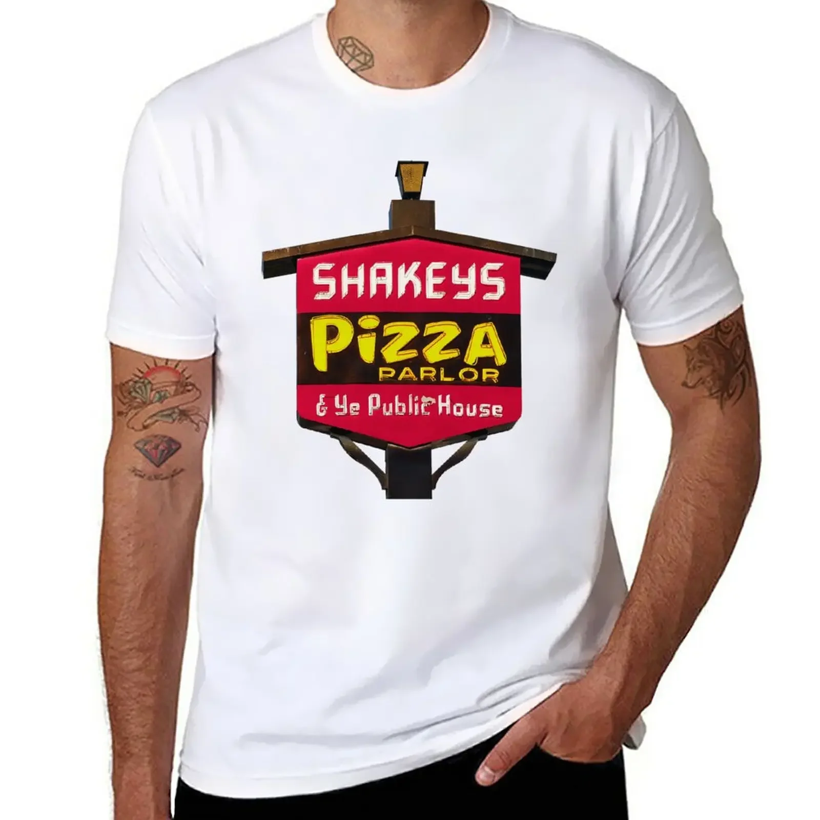

Realistic Rendering of Classic 70s Shakey's Pizza Parlor Marquee T-Shirt anime sweat Short sleeve tee men