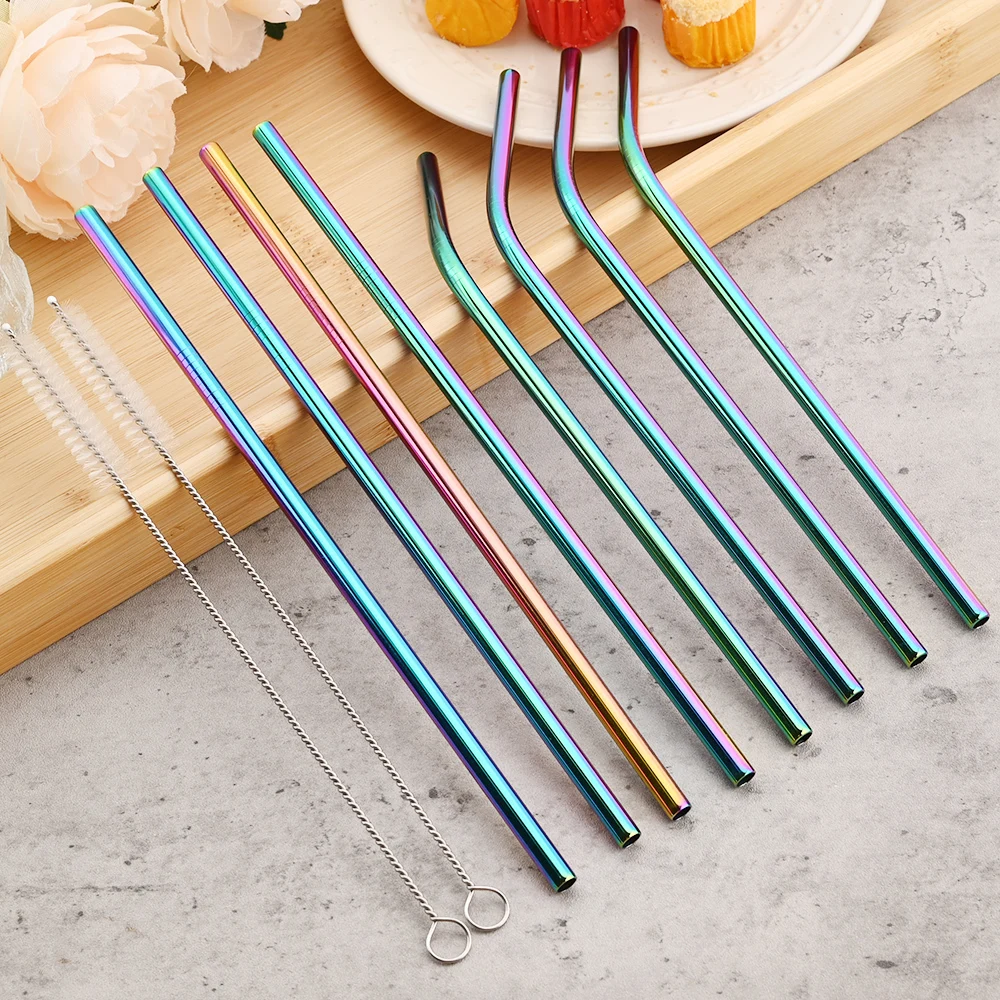 8-Piece Colorful Reusable Bent Stainless Steel Straws Set with Cleaning Brush