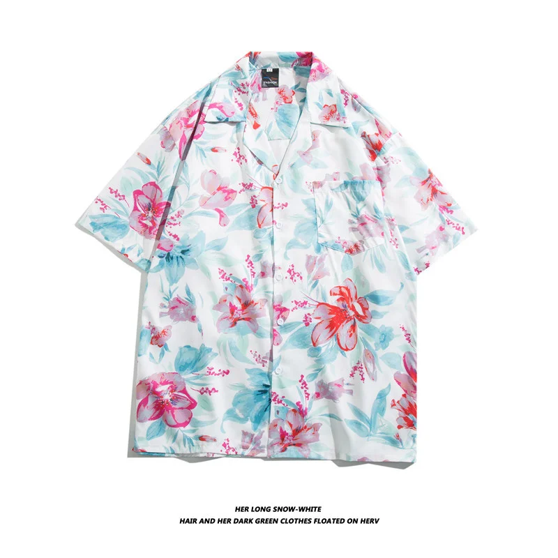 Mens Dress Shirt Vintage Cuban collar shirt Men's and women's American style loose design couple beach short-sleeved shirt floral blouse