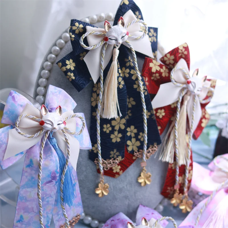 

New Lolita Japanese Kimono Style Daily Handicraft Fox Cherry Blossom Tassel Edge Clip Hair Clip Headpiece Women's Gift