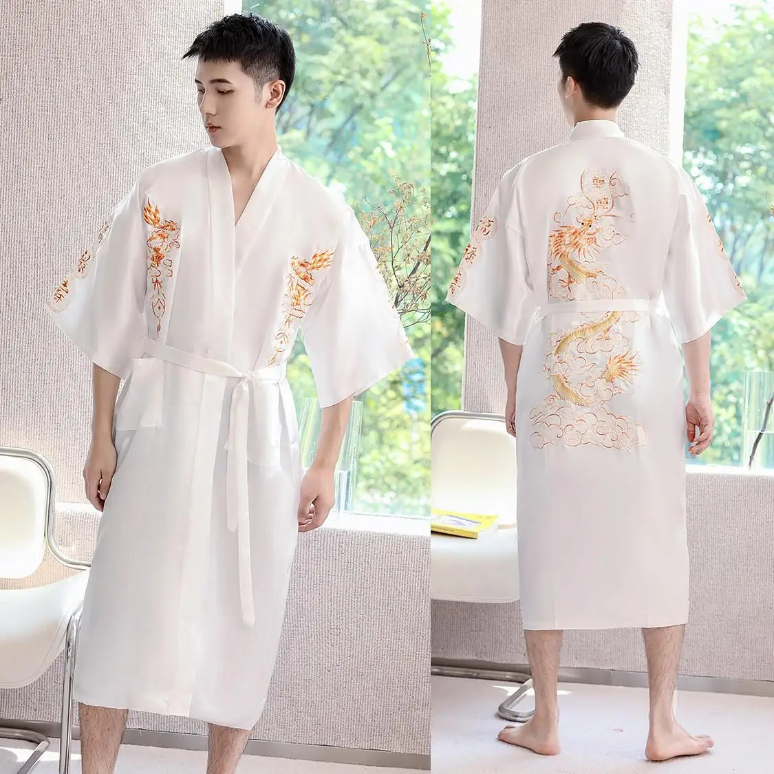 Sleepwear Men Robe Embroidery Dragon Summer Kimono Bath Gown Sexy Nightwear Loose Bathrobe Lingerie V-Neck Oversized Loungewear mens silk pajamas Men's Sleep & Lounge