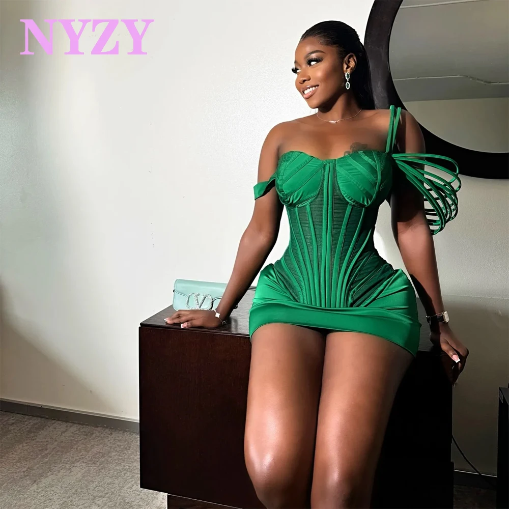 NYZY C390 Emerald Green Satin Stripes Mini Party Cocktail Dresses Date Prom Birthday Homecoming Gowns