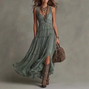 Women's Boho Green Tiered Maxi Dress Sleeveless V-Neck Pleated Flowy Dress Vintage Inspired Chic Boho Maxi Dress for Women