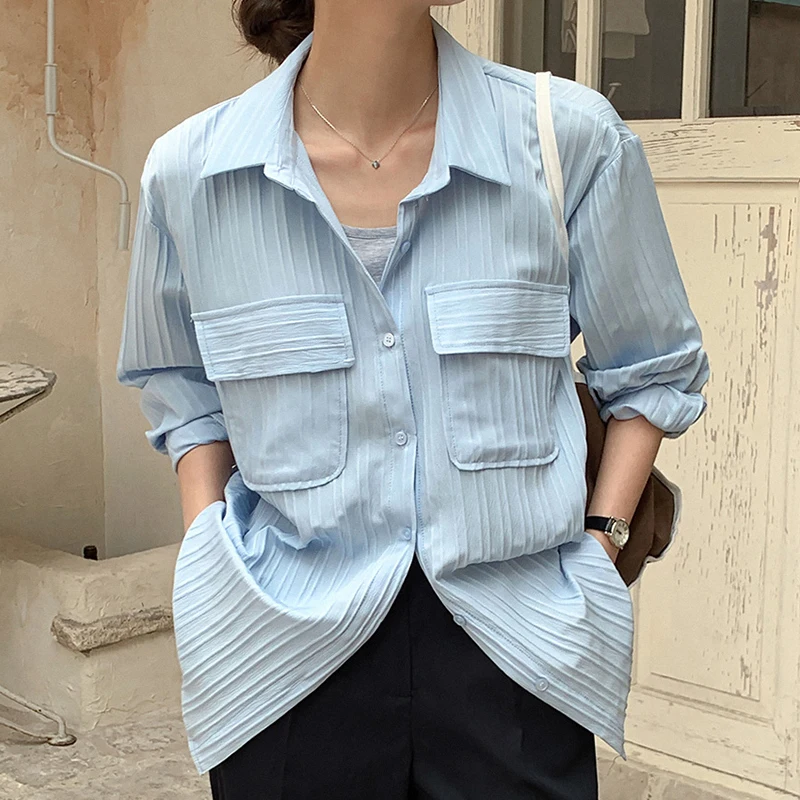 French Elegant Pleated Texture Blue Shirts Women Fashion New Double Pocket Loose Long Sleeve Blouses Tops Mujer for asus zenfone 10 brushed texture carbon fiber tpu case blue