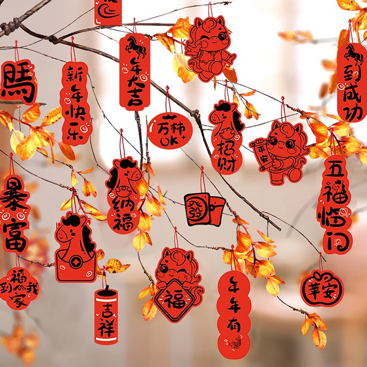 36pcs Cartoon New Year Greeting Cards Blessing Pendant Gift Card Red Hanging Tags 2026 Spring Festival Home Party Plant Decor