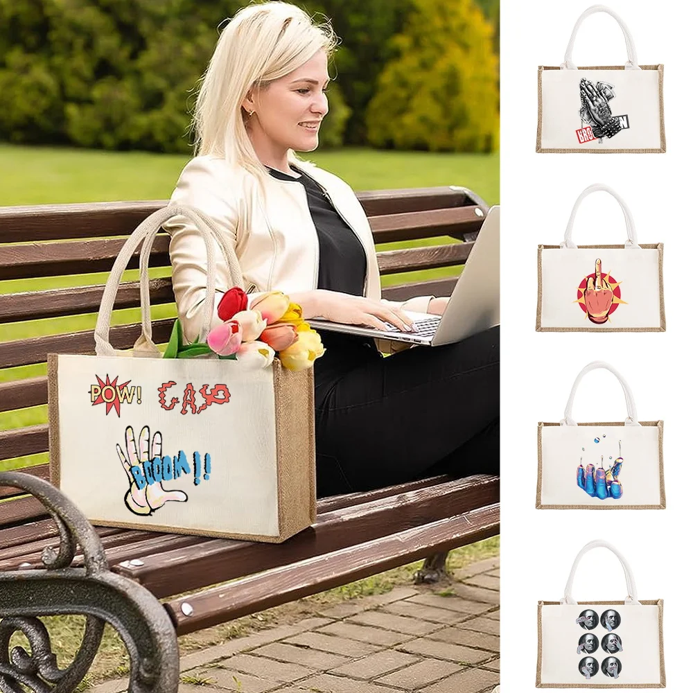 

Reusable Jute Burlap Shopping Bag Handbags for Women Grocery Eco Bag Female Tote Bag Cloth Shopper Bag Purse Hand Print