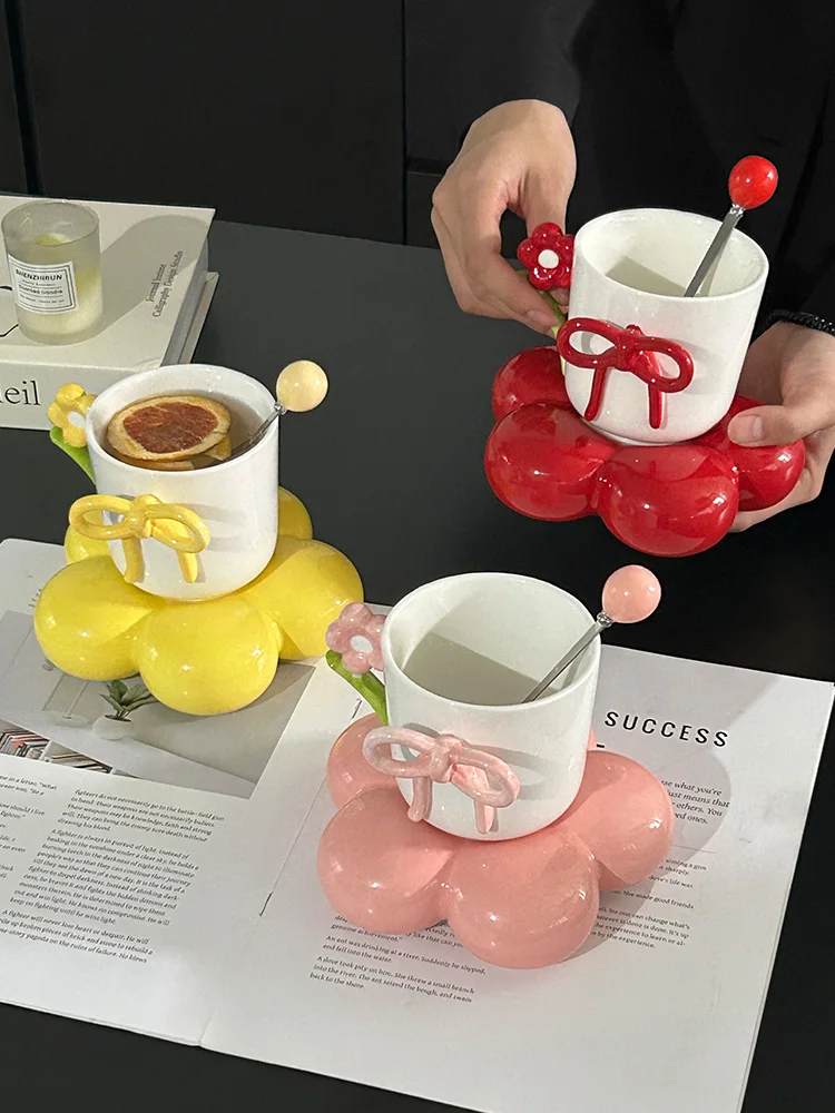 Creative Bow Ceramic Mug Home Flower Coffee Cup Saucer