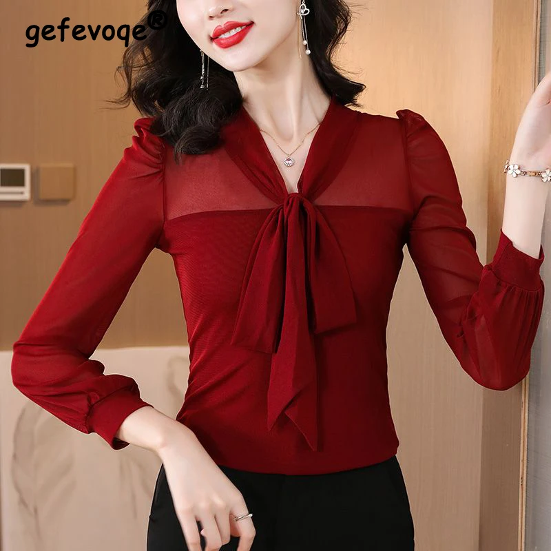 

Women Clothing Spring Autumn Sexy See Through Mesh Patchwork Basic Tops Elegant Fashion V Neck Lace Up Long Sleeve Slim T-shirts