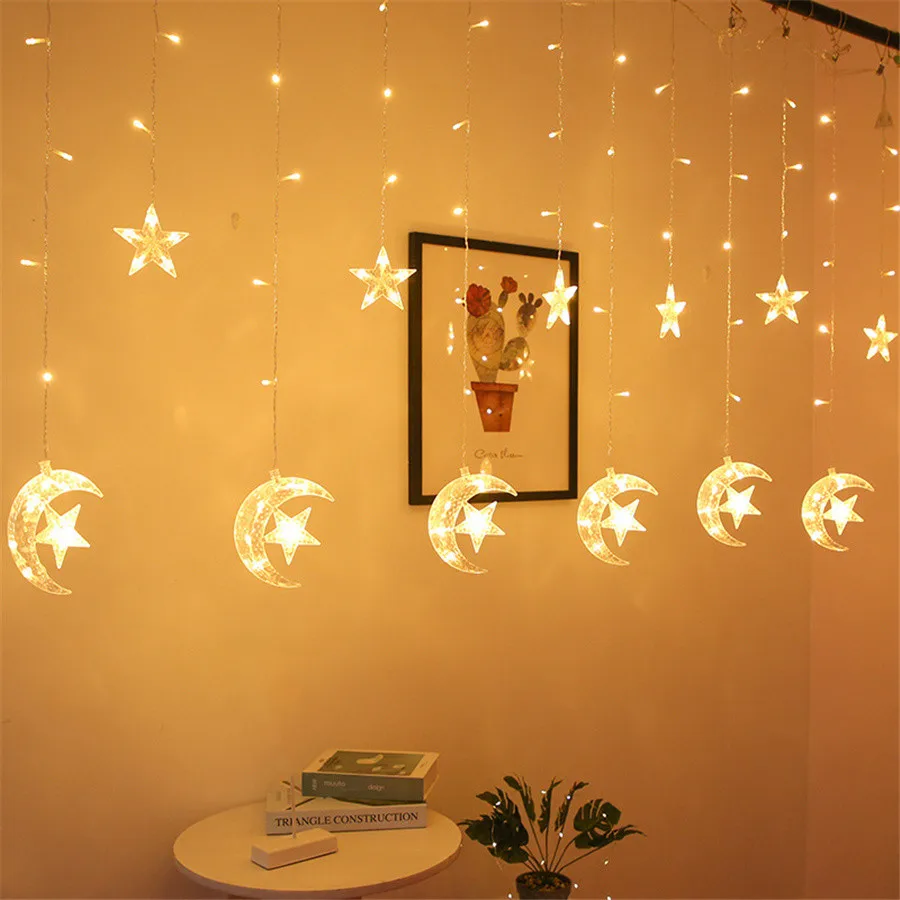 

LED New Year Christmas Fairy String Lights Garland 8 Modes EU Plug Moon Star Curtain Lights for Home Party Wedding Bedroom Decor