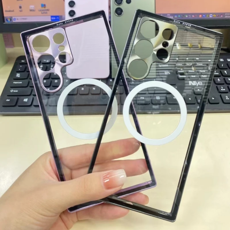 

Всплывающий чехол из алюминиевого сплава с металлической рамкой для Samsung Galaxy S23 S24 Ultra S22 Plus, прозрачный Магнитный чехол для Magsafe Charge