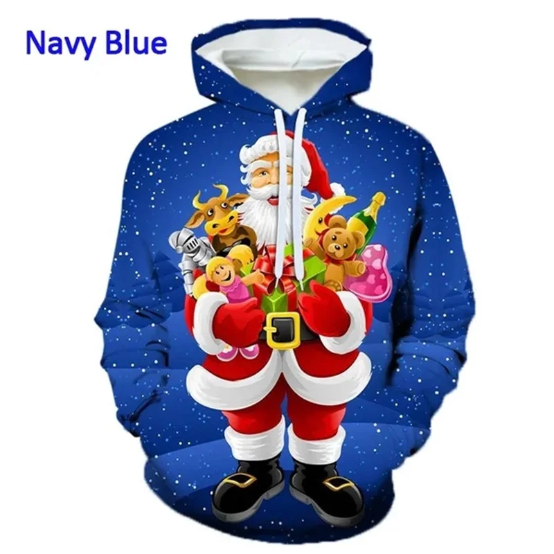 thumbnail image 1 of Sudadera con capucha con estampado 3D de Papá Noel y muñeco de nieve para hombre, sudadera informal holgada de manga larga con capucha y diseño de Feliz Navidad, 1 of 5