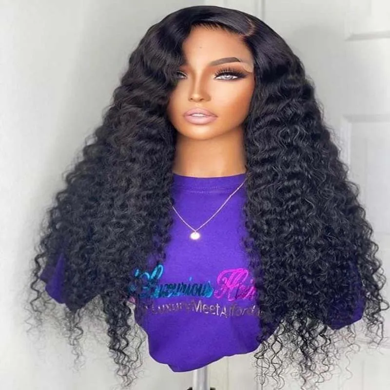 

Natural Black Soft 26Inch Long 180% Density Glueless Preplucked Kinky Curly Deep Lace Front Wig For Women With BabyHair Daily