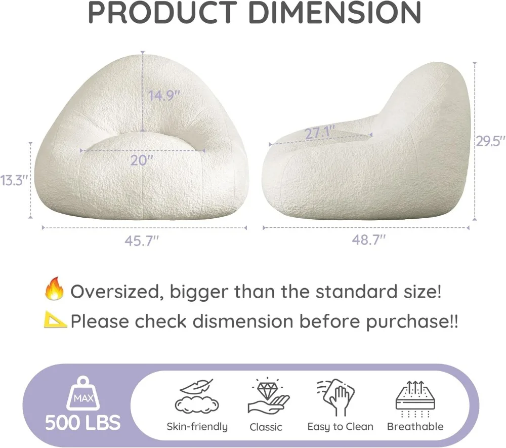 4FT Large Bean Bag Chair for Adults - Oversized Floor Sofa with Foam Filling, White