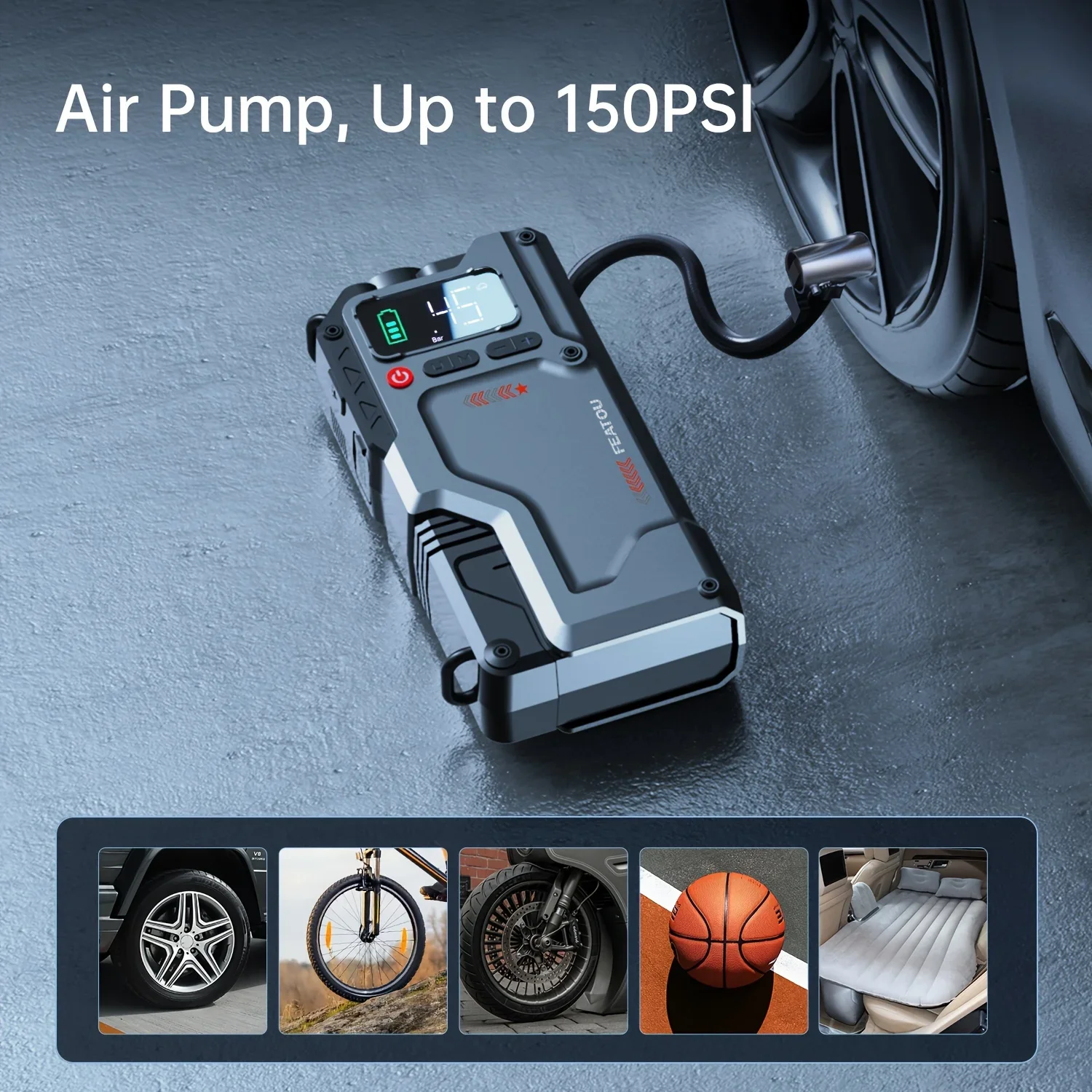 5-in-1 multifunctional backup power supply for car batteries-tire inflation, emergency start, LED lighting, mobile power bank
