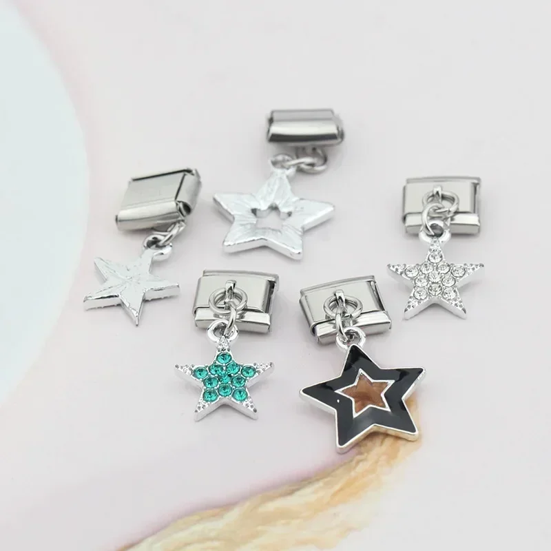 Italian Charm Bracelet Hapiship Fashion Colour Glaze Star Shiny CZ Links Fit 9mm Stainless Steel Jewelry DIY DJ433