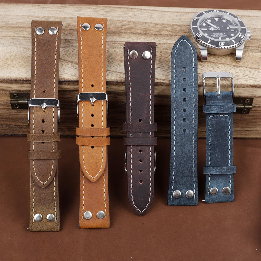 Vintage Coffee Brown Leather Watch Strap with Rivet Pin Buckle