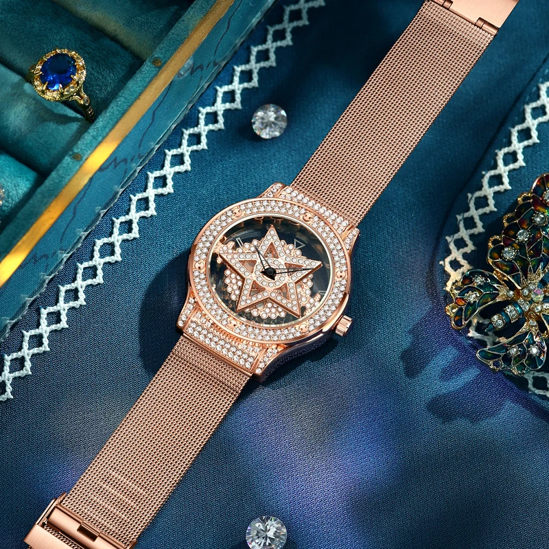 LIGE Fashion Women Watch Luxury Hollow Diamond Watch for Ladies Elegant Bracelet Wristwatch Stars-Face Quartz Waterproof Watches