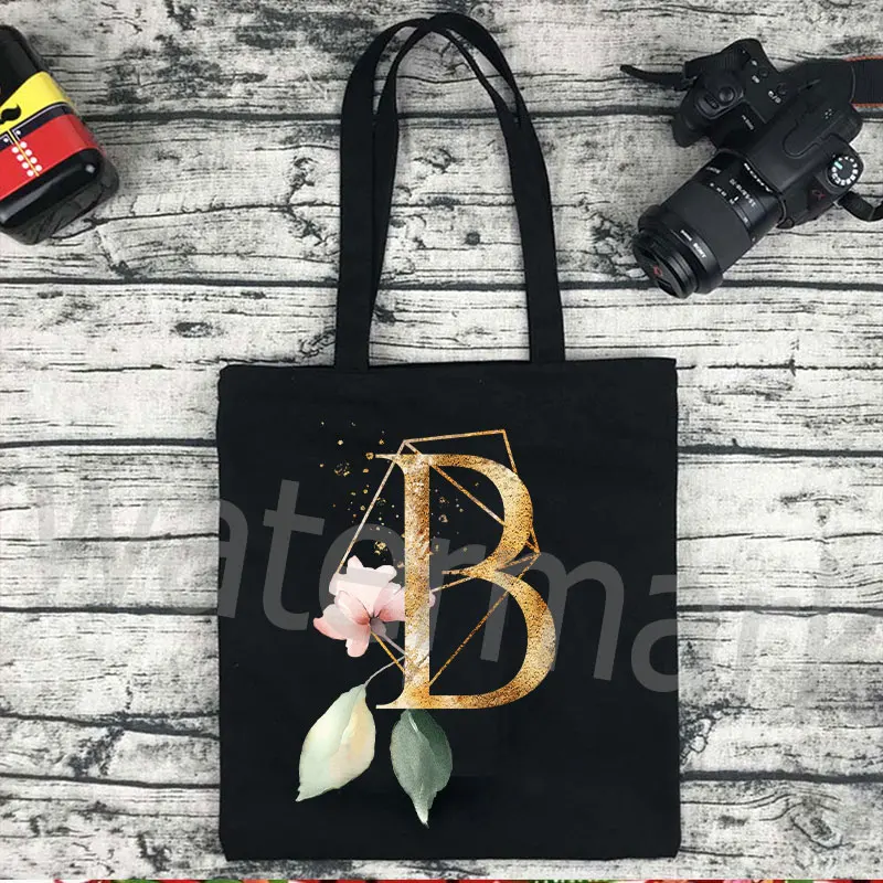 Flowers Alphabet Women Canvas Shopping Tote Bags Large Capacity Student Toiletries Organizers Casual shopper Letter Bags Gift