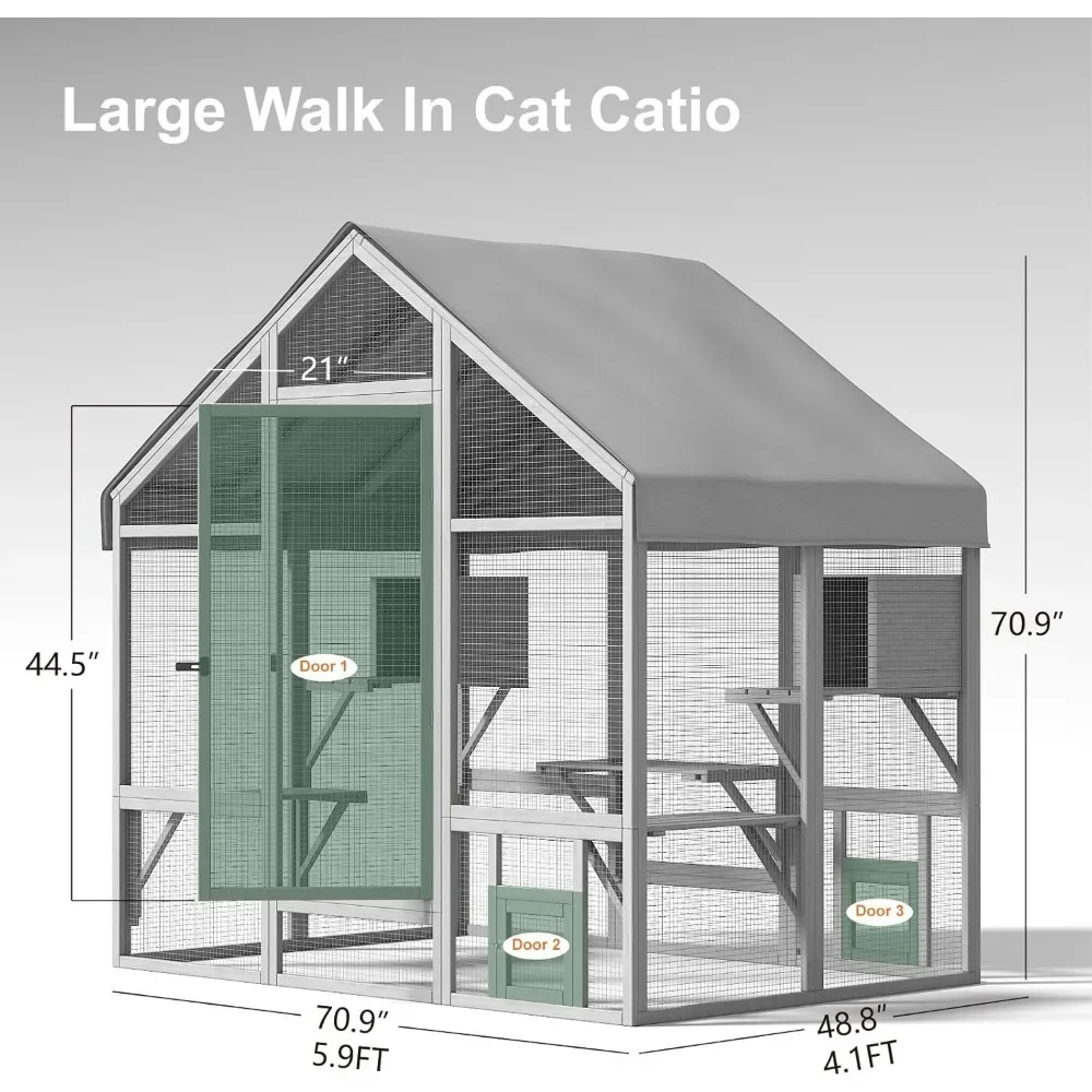 Outdoor Cat House, Outdoor Catio for Multiple Cats with 7 Platforms, 2 Resting Box, Outside Cat House with Weatherproof Cover