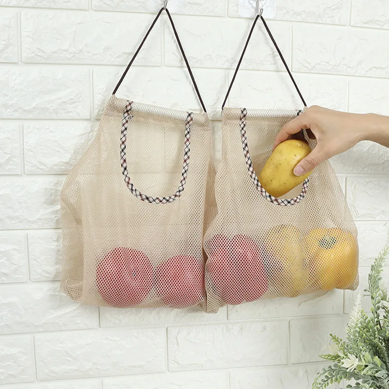 Description Picture 2 of item1pc Household Hanging Beige Onion and Garlic Storage Bag, Fruit Wall Mesh Bag, Kitchen Vegetable Storage Mesh Bag