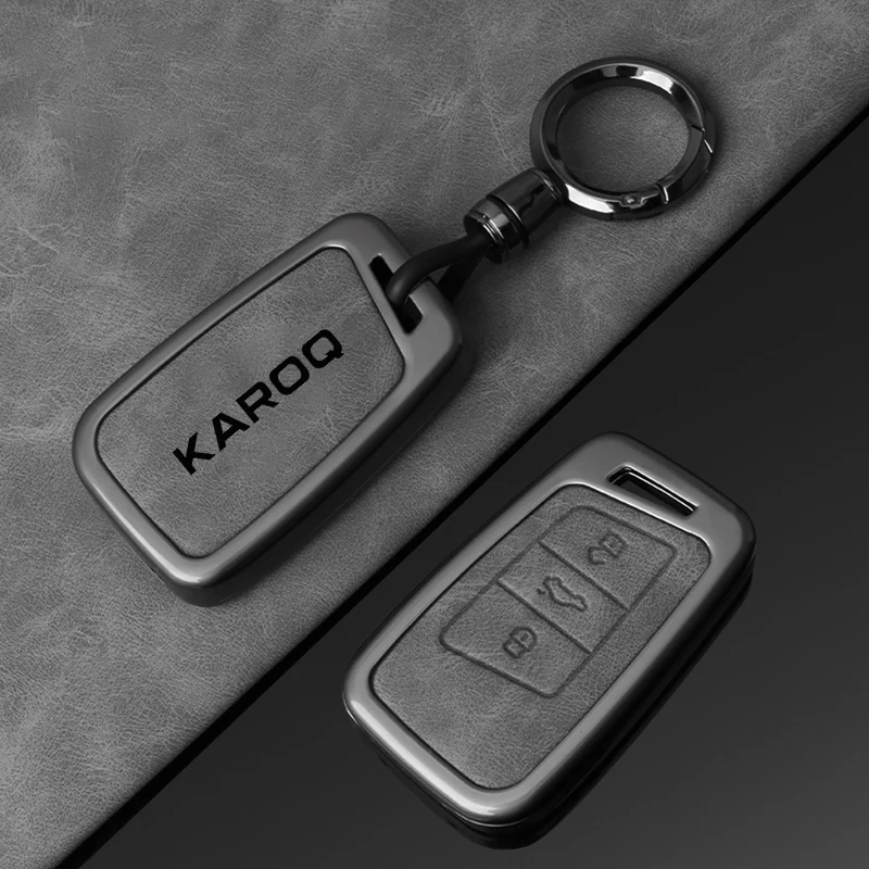 Legierung Leder Auto Schlüssel Fall Shell Halter für Skoda Karoq Angepasst Logo Schutz Schlüssel Abdeckung Metall Gehäuse Schlüsselbund Zubehör