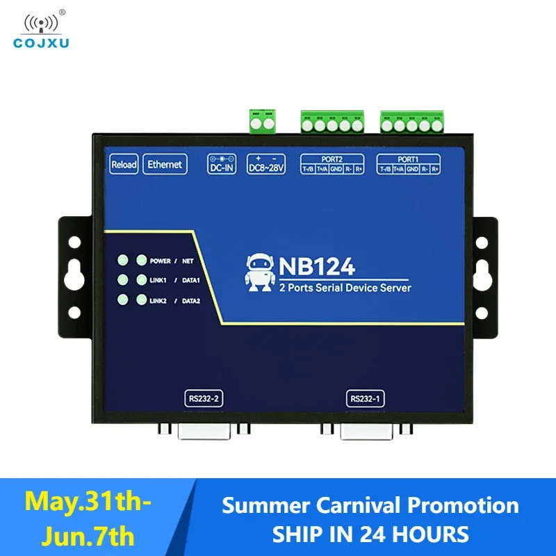 Isolated 2-Channel Serial Server RS232/422/485 RJ45 Modbus Gateway COJXU NB124 TCP/UDP/MQTT AT Command Build-in Watchdog