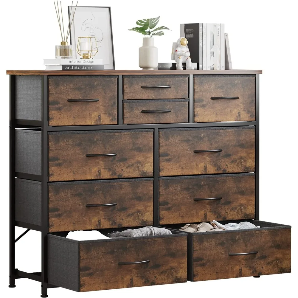 

10-Drawer Dresser, Fabric Storage Dressers for Bedroom, Hallway, Nursery, Closets, Steel Frame, Wood Top, Easy Pull Handle