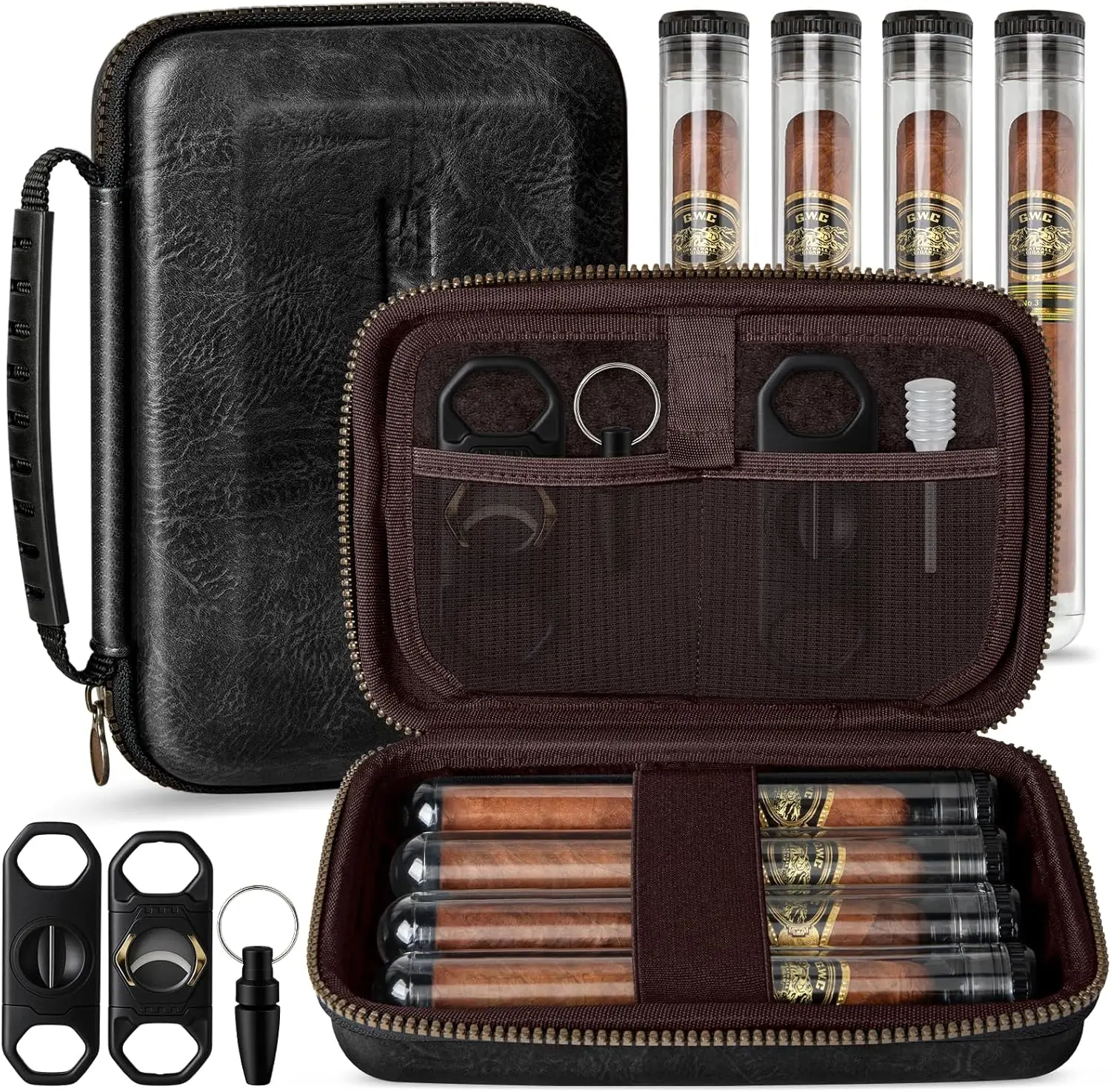Luxury Leather Cigar Travel Case with Cutters and Puncher
