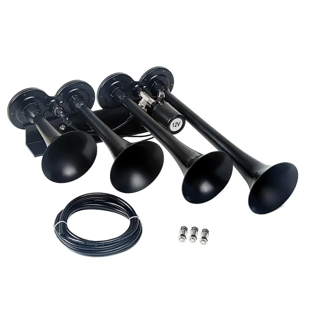 4/Four Trumpet Quality Trumpet Air Horn with 12 Solenoid, Loud 150db for Truck Lorry Boat Train, Black AS097AB