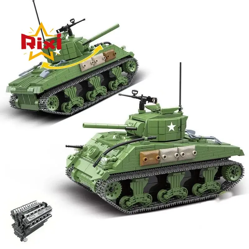 

726pcs Military US Sherman M4A1 Tank Building Blocks WW2 Panzer City Army Soldier Weapon Bricks Kids MOC Toys For Children Gifts