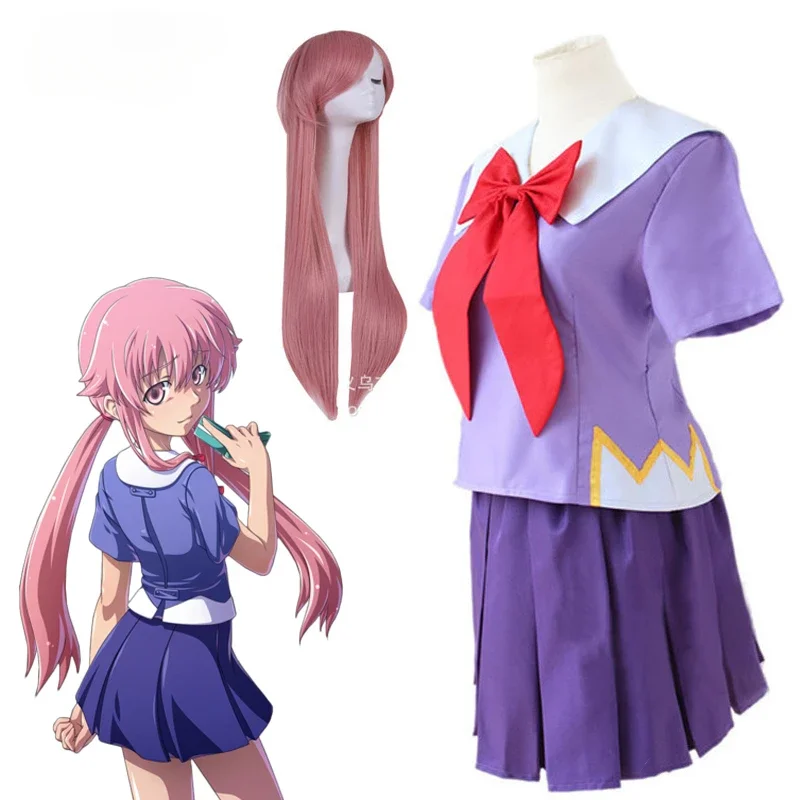 

Anime 2nd Mirai Nikki Gasai Yuno Lolita Sailor Cosplay Costume Loli Bow Short Skirt Wig Length 80cm for Girl Women