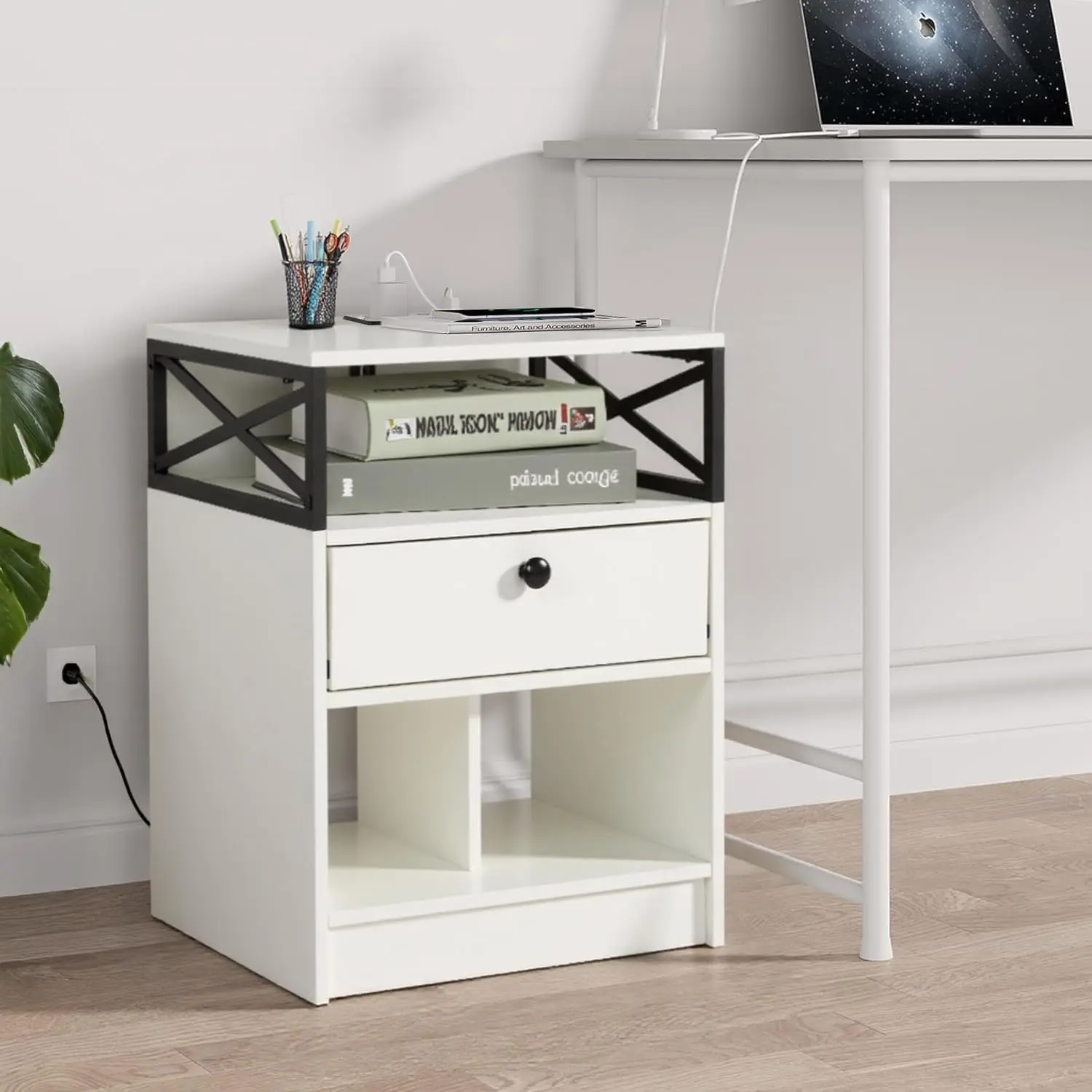 Night Stand with Charging Station and LED Light, End Table with 1 Drawers and Storage Shelf, Bedside Table with 2 USB Ports