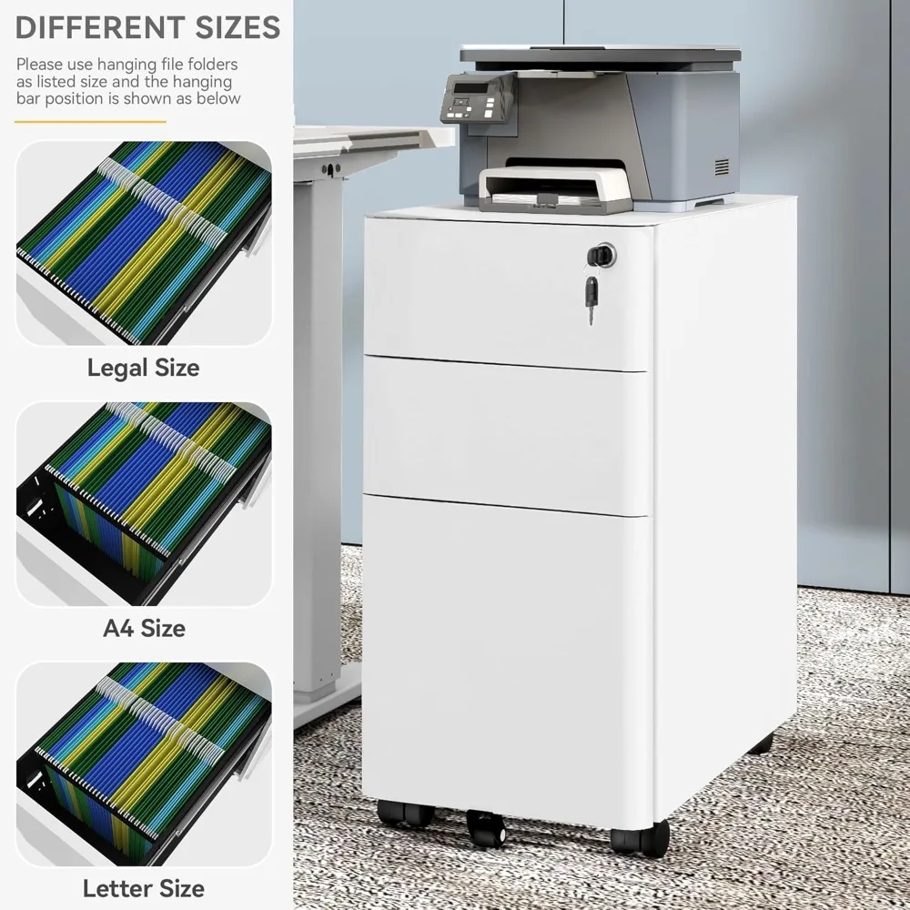 3-drawer vertical file cabinet, mobile filing cabinet with lockable, pre-assembled compact slim file cabinet, portable office s