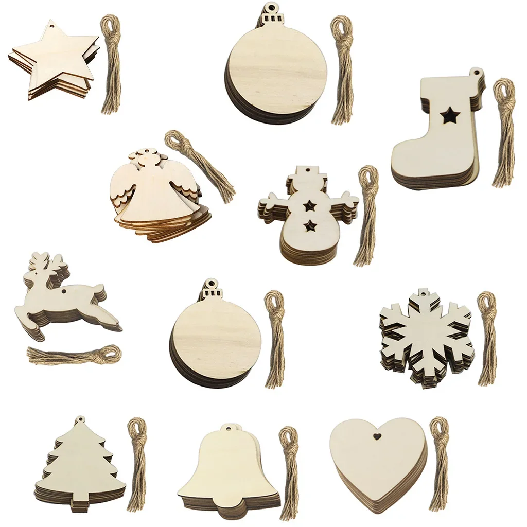 Christmas Decorations 10PCS DIY Wood Christmas Ornament Unfinsihed Wooden Christmas Tree Hanging Decorations for DIY Craft Xms Home Party Decor