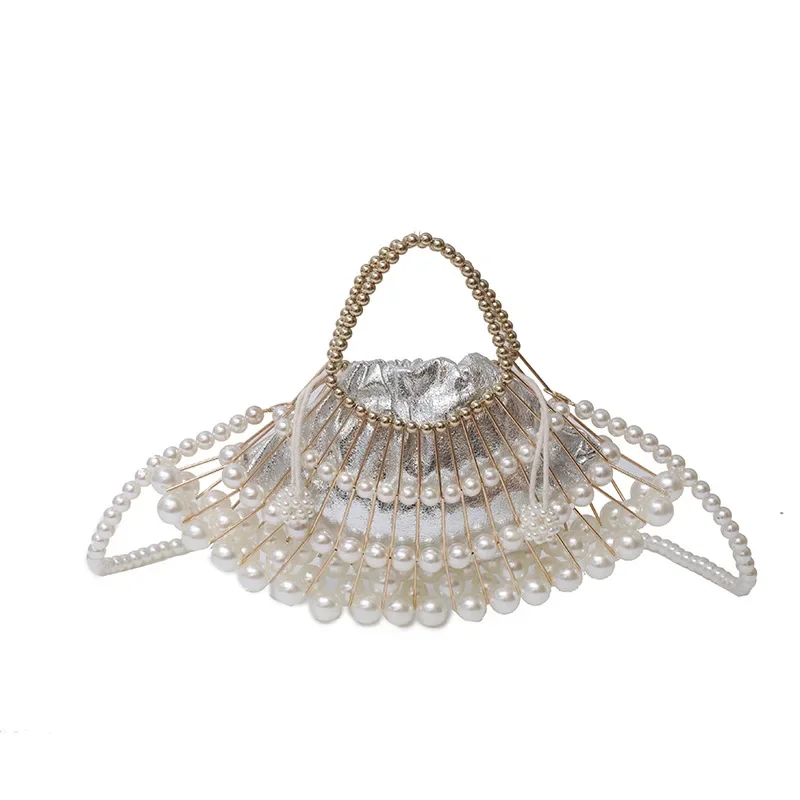 thumbnail image 1 of Bolso de mano de noche con perlas plateadas, bolso de mano de diseñador de lujo para mujer, bolso cruzado con agujeros para fiesta o boda, 1 of 5