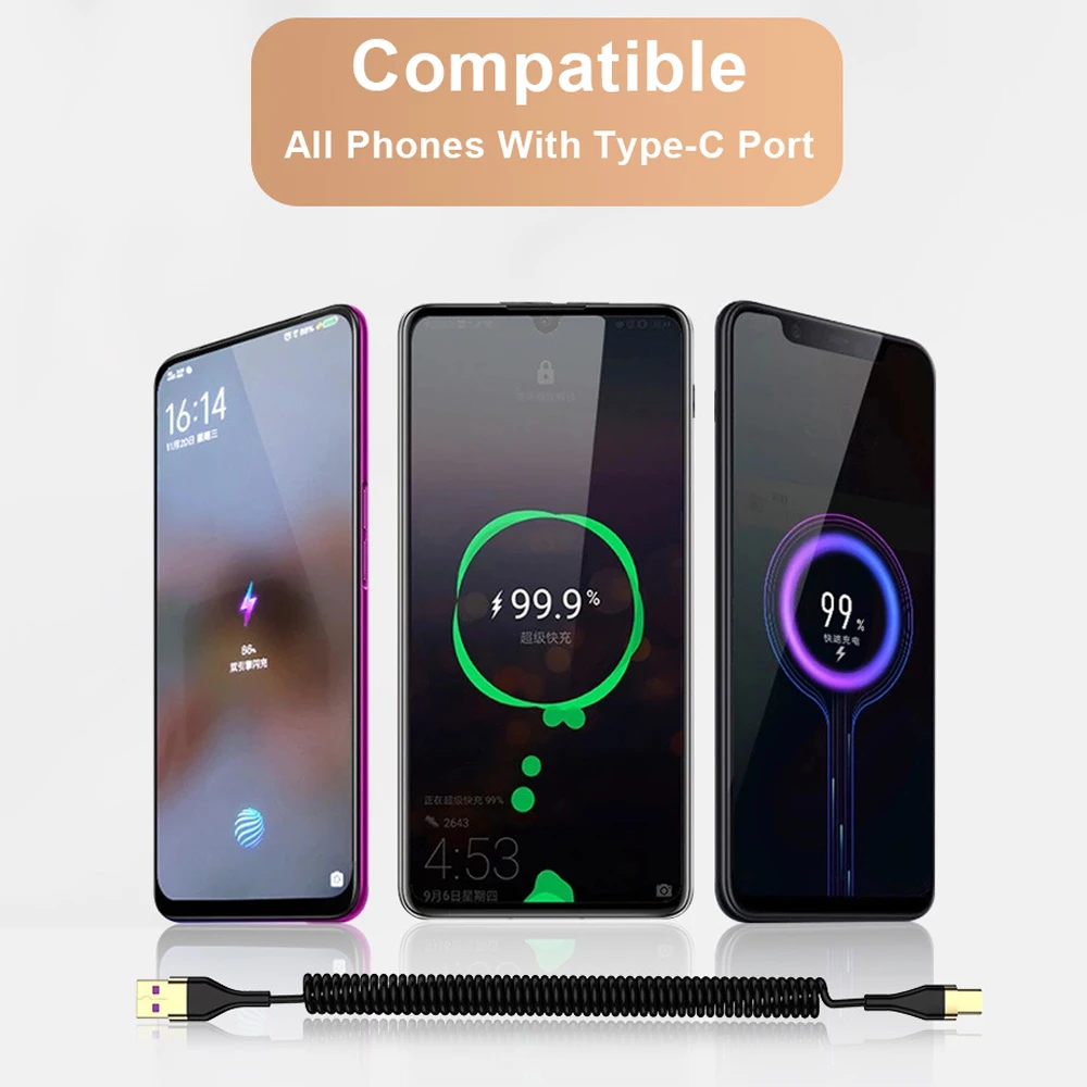 YOCPONO Spring Cable Elastic Flessibile Max 1.8m 5A Fast Charging USB-A To USB-C For Smartphone Charger Compitable Type-C Phones