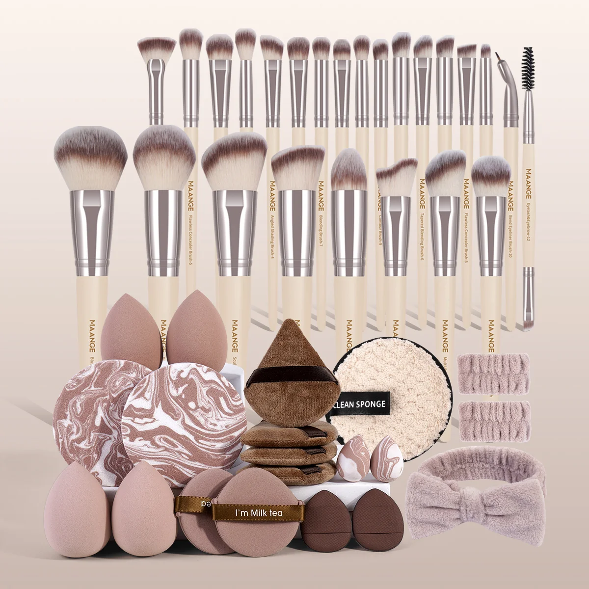 MAANGE Makeup Brushes Gift Set 25pcs Face and Eye Brushes 17pcs All Kinds of Makeup puff and Headband Wrist Strap for Beginner