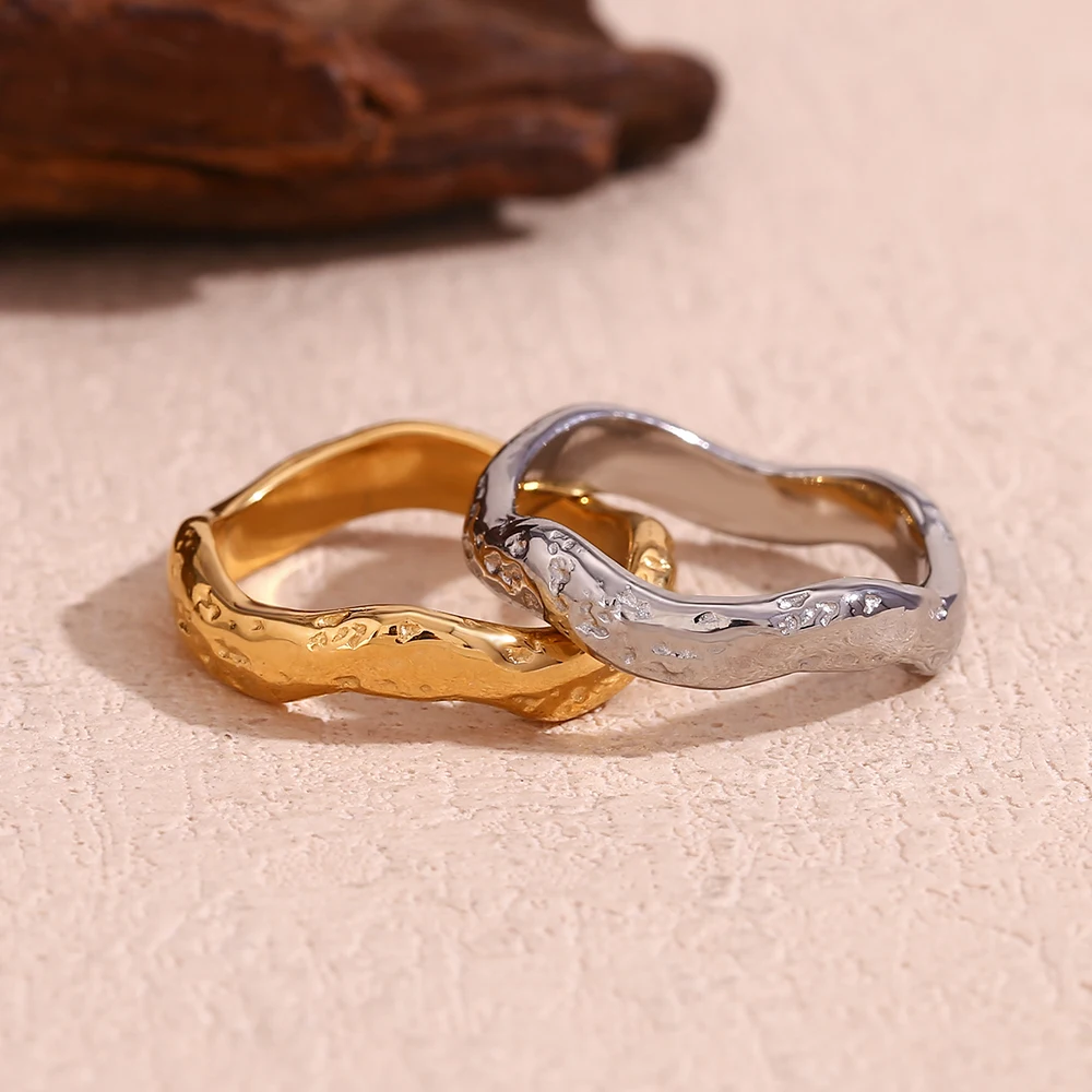 E.B.belle Beat Pattern Wave Plain Ring Waterproof Tarnish Free 18K Gold Plated Women's Rings 316L Stainless Steel Accessories
