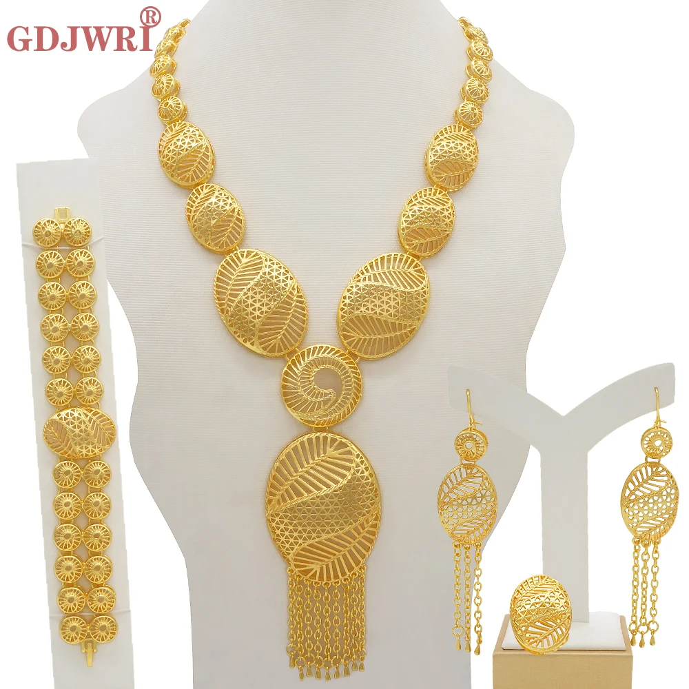 

Dubai Gold 24K Jewelry Sets For Women Bridal Luxury Necklace Earrings Bracelet Ring Set Indian African Wedding Ornament Gifts