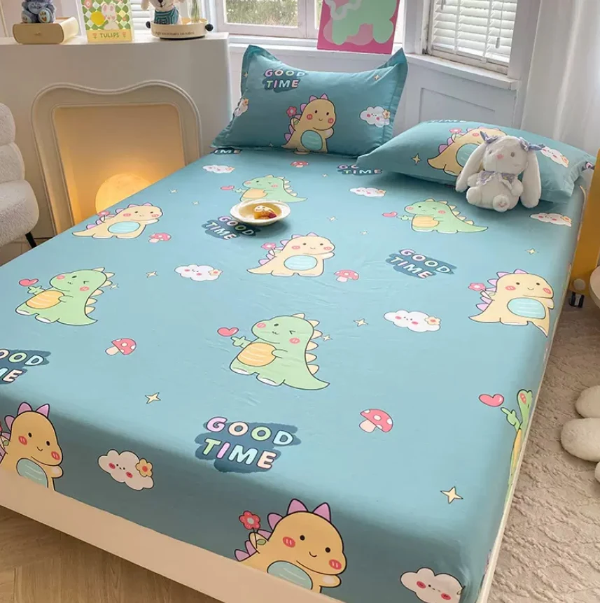 Fitted Sheet with Elastic Band 100% Cotton + 2pcs Pillowcase Soft Cartoon Space Printed Children Boys Girls Bed Mattress Cover 3