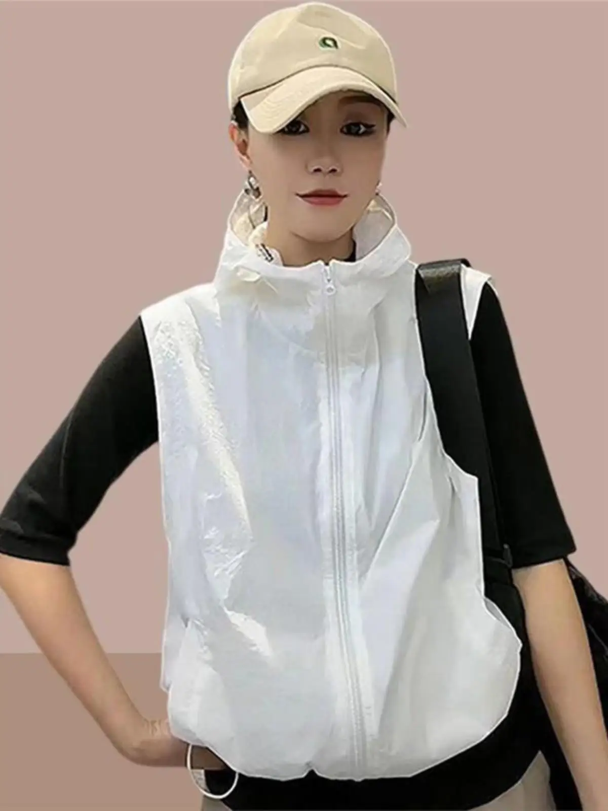 Summer Faionable Hooded Workwear Vest Women's Loose Slimming Casual Layered Sun Protection Outerwear Top Zipper Pure Color - Image 5