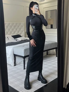 Mueyaruho 2023 Women Autumn Winter Turtleneck Midi Bodycon Dresses Solid Black Long Sleeve Sexy Slim Fit Dress Female