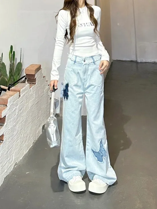 Fashion Spring Washing Light Blue Jeans Women New Butterfly Embroidery High Waist Tassel Loose Comfortable All-match Trousers