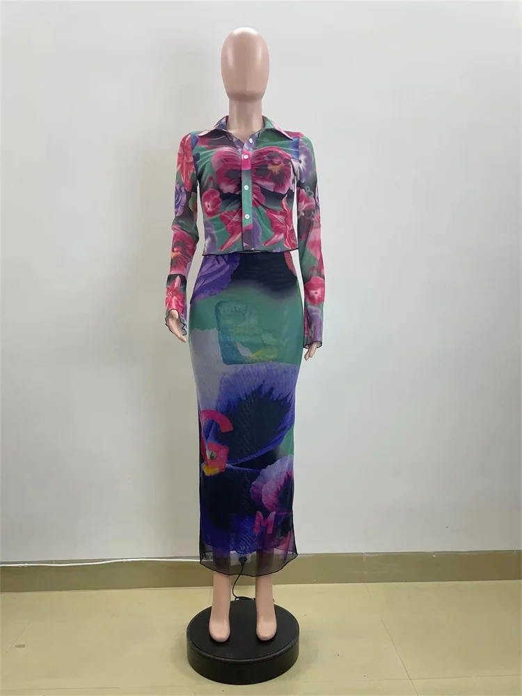 Wmstar Skirts Sets Summer Holiday Sexy Two Piece Set Women Print Lace Button Crop Top and Maxi Skirt Wholesale Dropshipping 2024