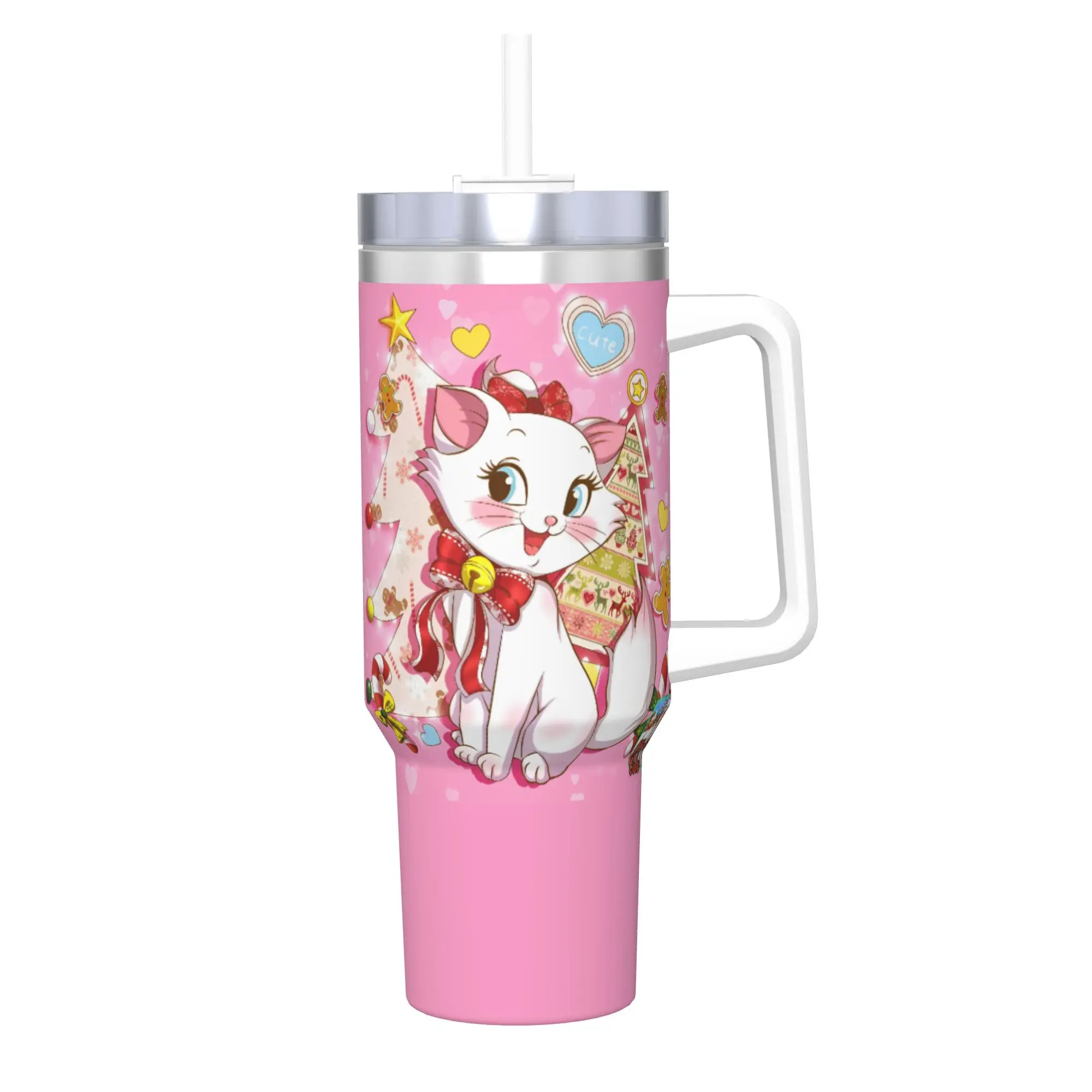 Stainless Steel Aristocats Marie Cat Tumbler with Straw - Large Capacity Thermal Mug