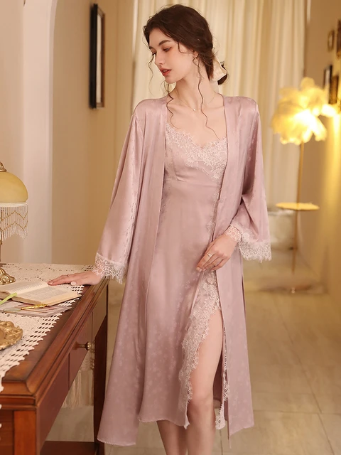French Spaghetti Strap Slit Nightdress Robe Two Pieces Suits