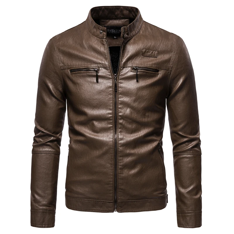 Plush men's leather jacket with stand-up collar and slim solid color PU coat with zipper male winter windproof leather jacket men's leather jacket Casual Faux Leather